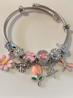Silver Charm Bracelet with Pink Flower & Star Charms